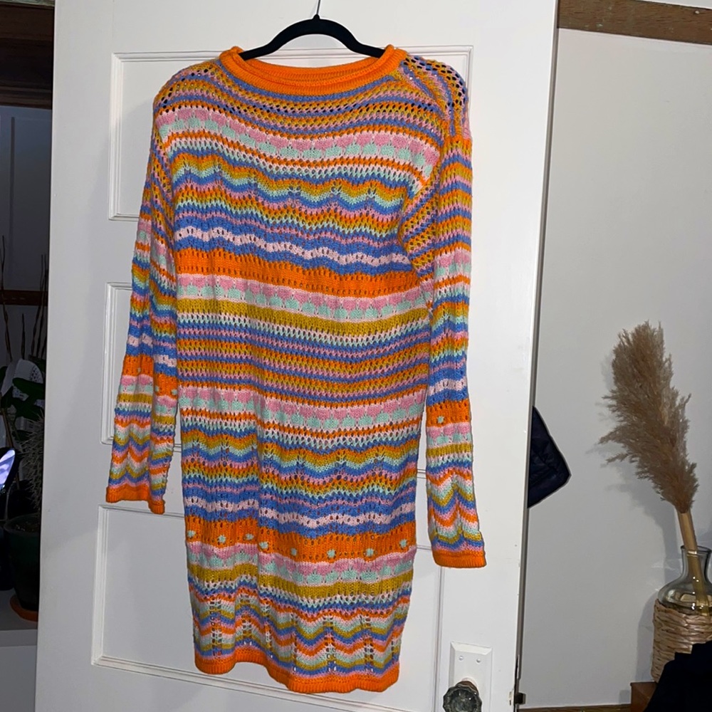 Rainbow Striped Long Sleeve Loose Crochet Striped Mini Casual Sweater Dress
